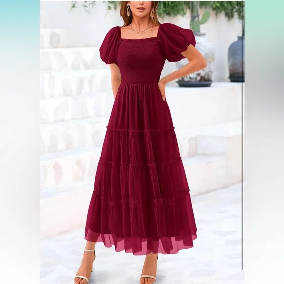 Smocked Tulle Midi Dress | 2025 Summer | Square Neck | Puffy Short Sleeve - Picture 6 of 7